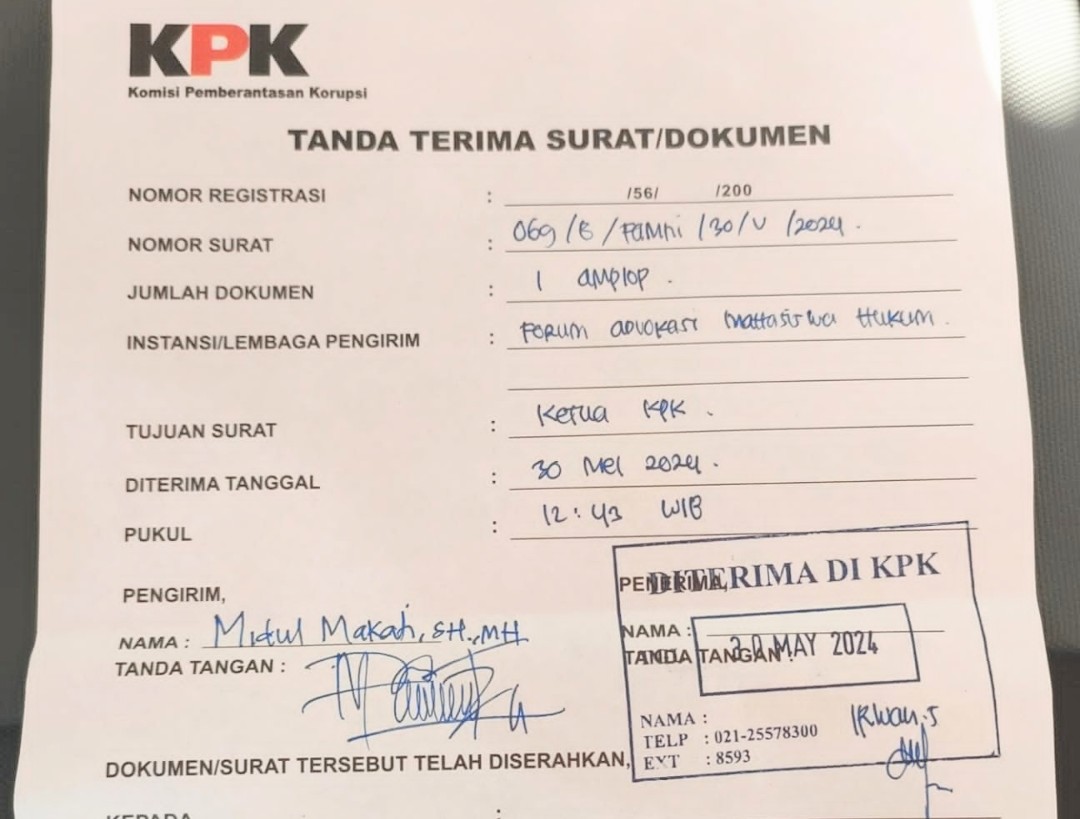 Bukti laporan resmi FAMHI di KPK RI. Foto: Ist